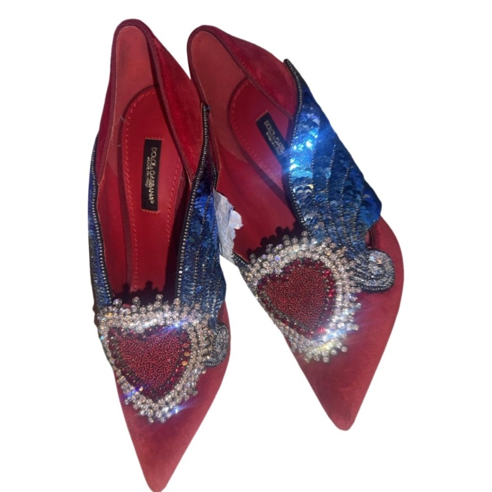 Dolce & Gabbana Red and Blue Beaded & Sequined Signature Heart Detail Pumps